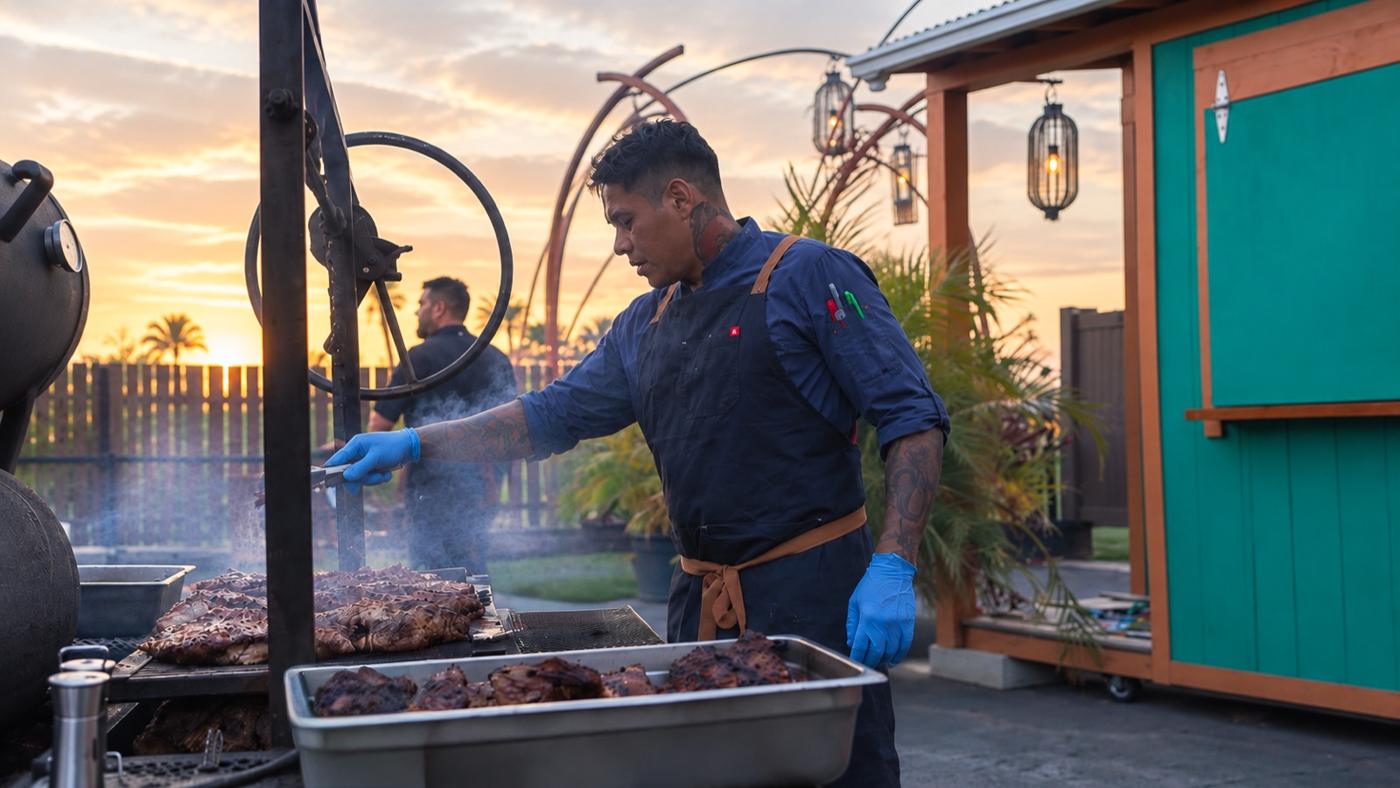 Chef Luis grilling over kiawe at sunset