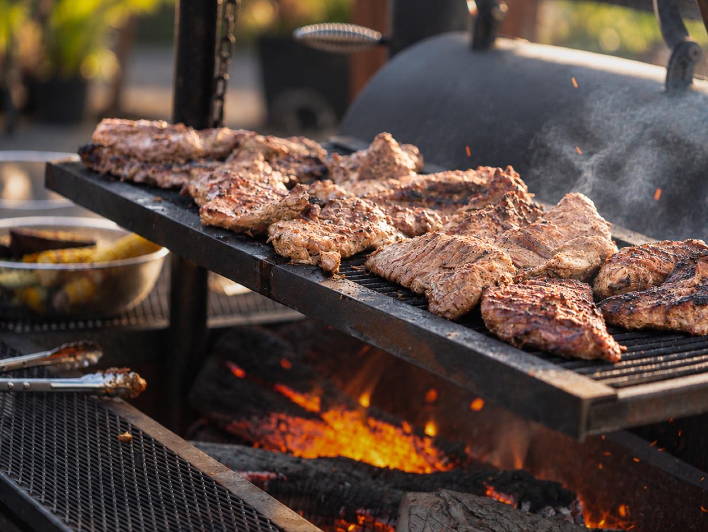 Steaks searing over a kiawe wood fire